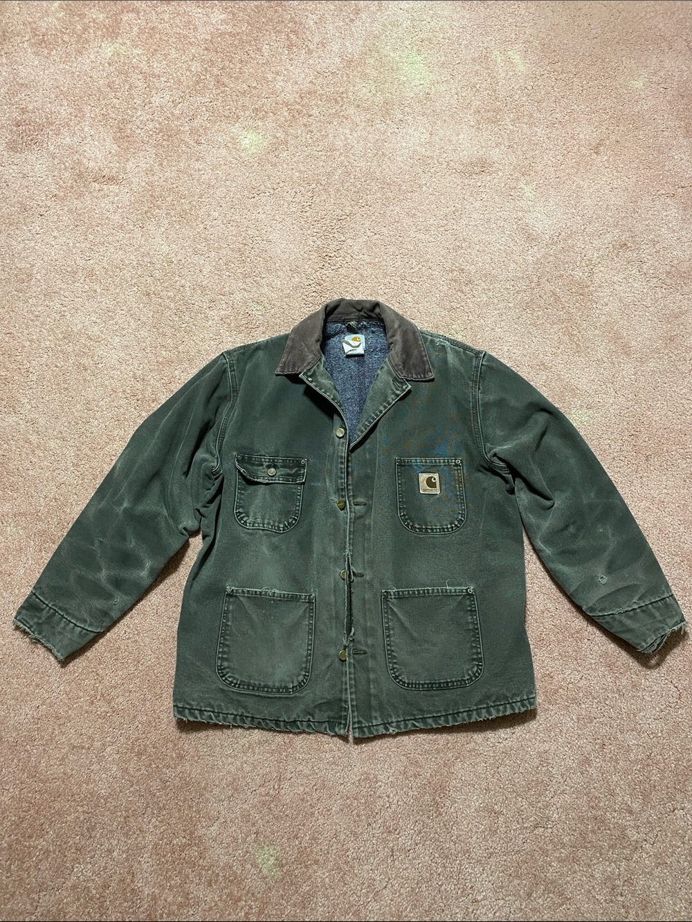 Vintage Faded Carhartt Green Chore Jacket with Brown Corduroy Collar